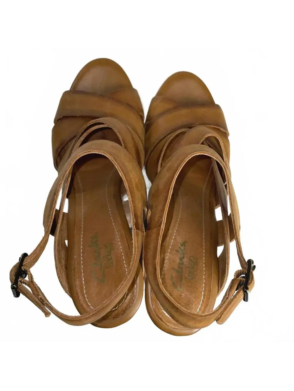 Clarks Tan Leather Indigo Espadrilles Platform Wedges Size 8 Fall Preppy Boho